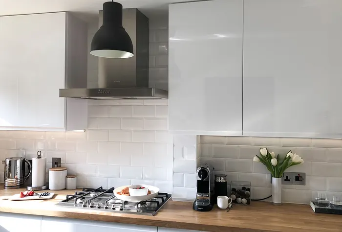 Kitchen, units, worktop and lighting