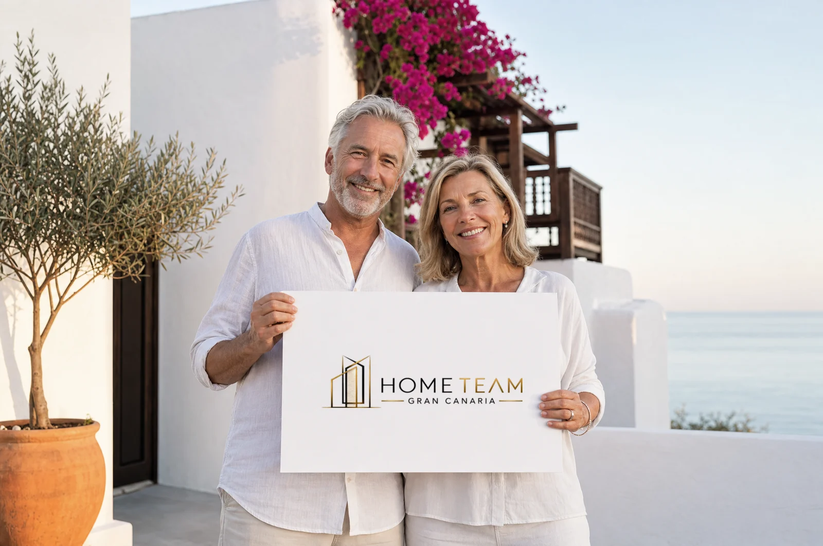 A smiling couple holding a Home Team Gran Canaria sign on a Canarian terrace