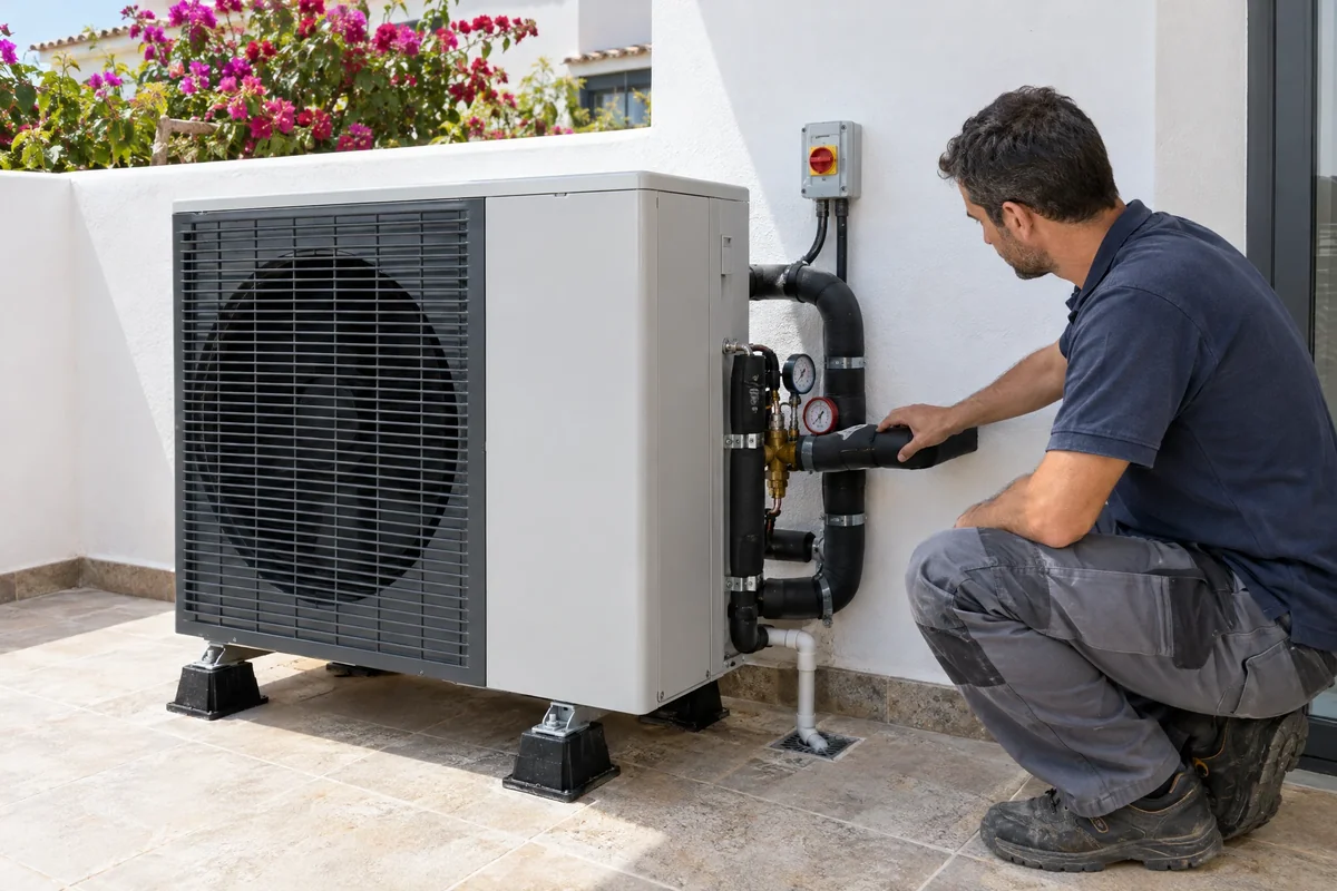 Installed outdoor air-source heat pump with technician
