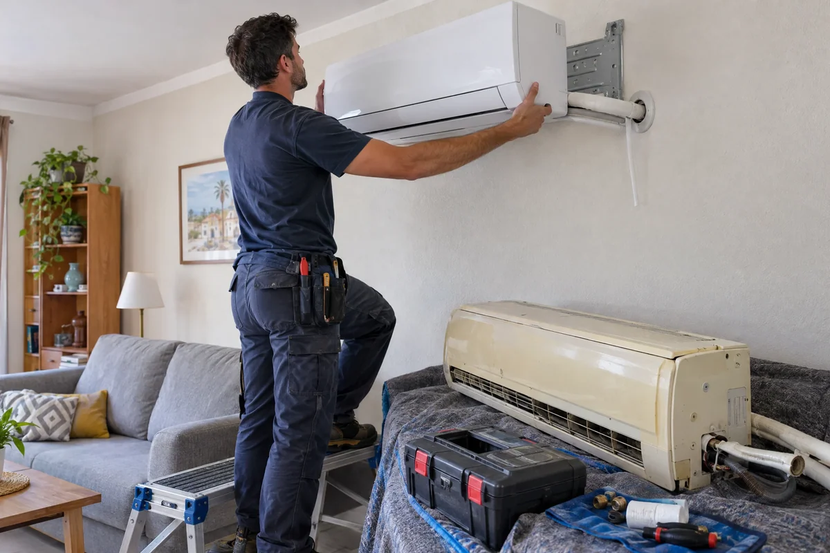 Technician replacing wall-mounted split air conditioner