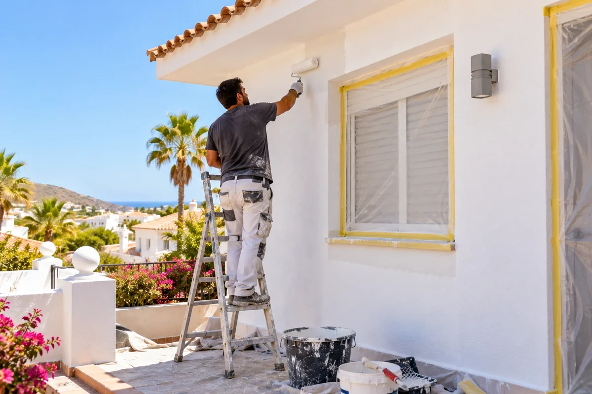 Exterior facade painting with masked shutters
